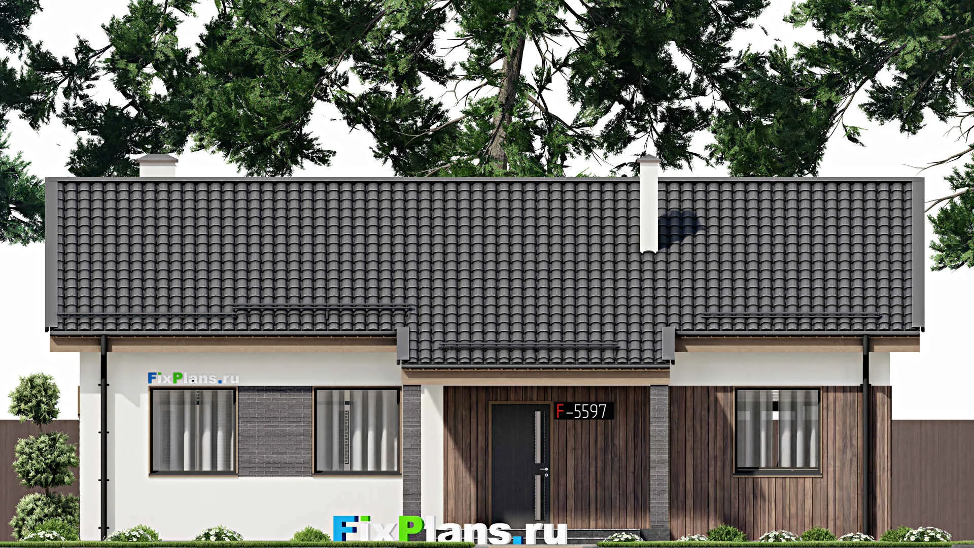 F-5597 - Проект одноэтажного дома 10 на 14, площадью 140 м² с террасой и 3 спальнями