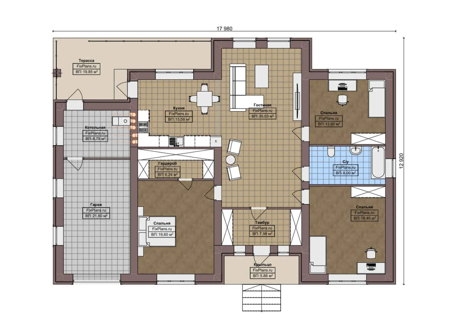 F-5561 - План одноэтажного дома 13 на 18, площадью 190 м² с террасой, гаражом на 1 машину и 3 спальнями