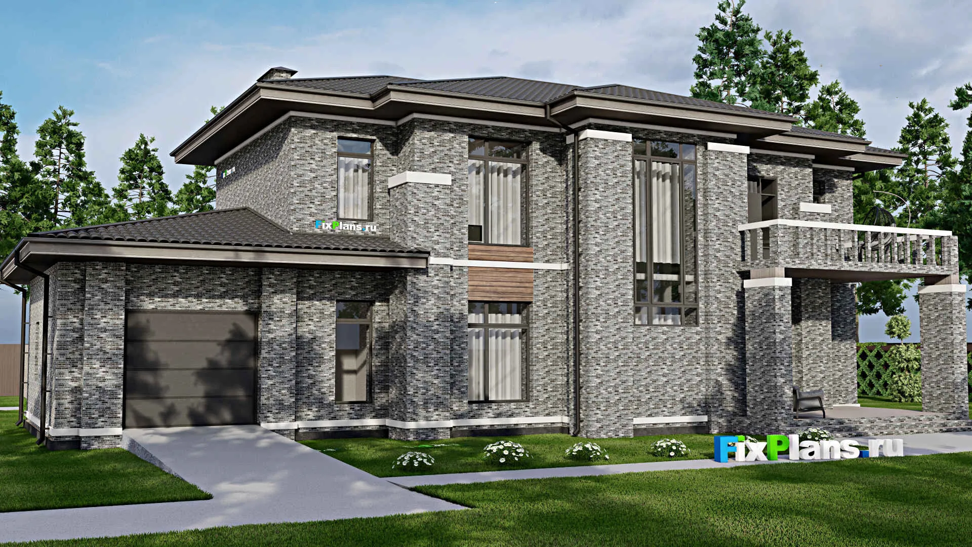 F-4436 - Проект двухэтажного дома 16 на 23, площадью 320 м² с террасой, балконом, гаражом на 1 машину и 4 спальнями