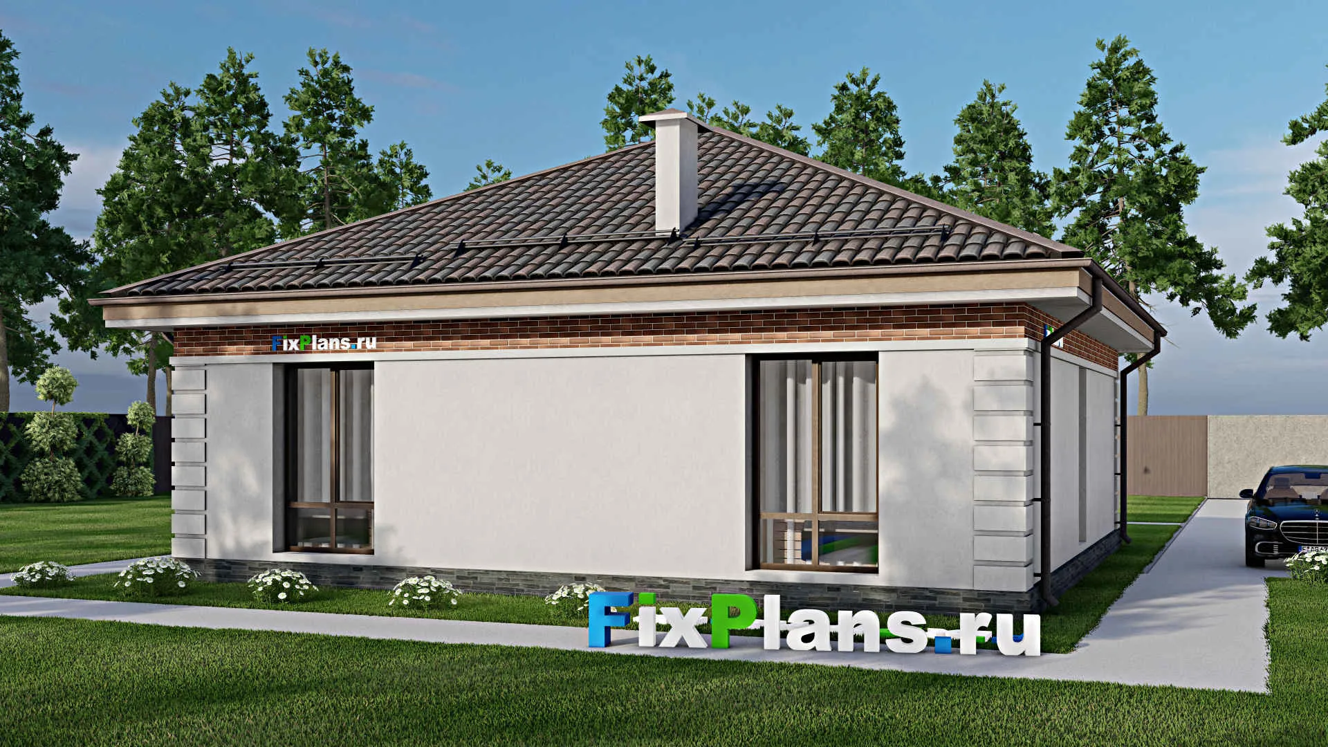 F-6011 - Проект одноэтажного дома 11 на 11, площадью 90 м² с 3 спальнями