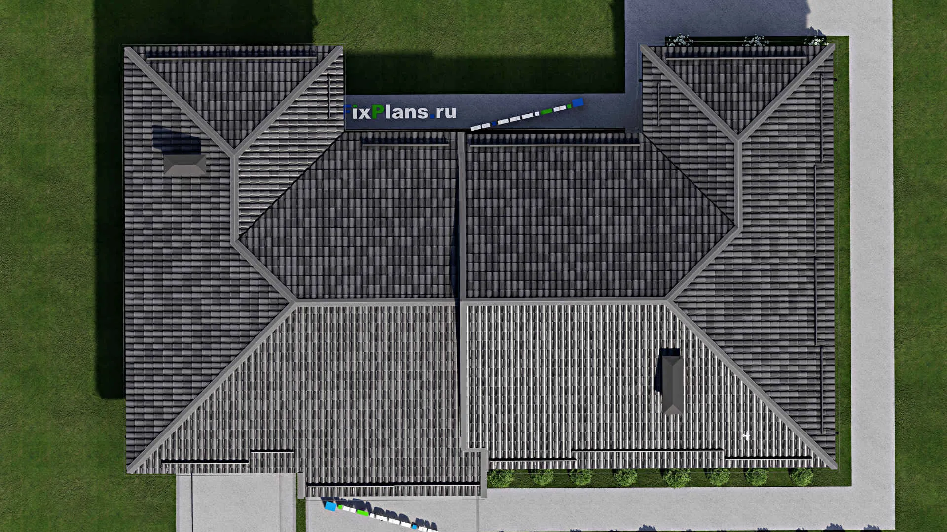 F-8477 - План одноэтажного дома 15 на 23, площадью 230 м² с террасой, гаражом на 2 машины и 3 спальнями