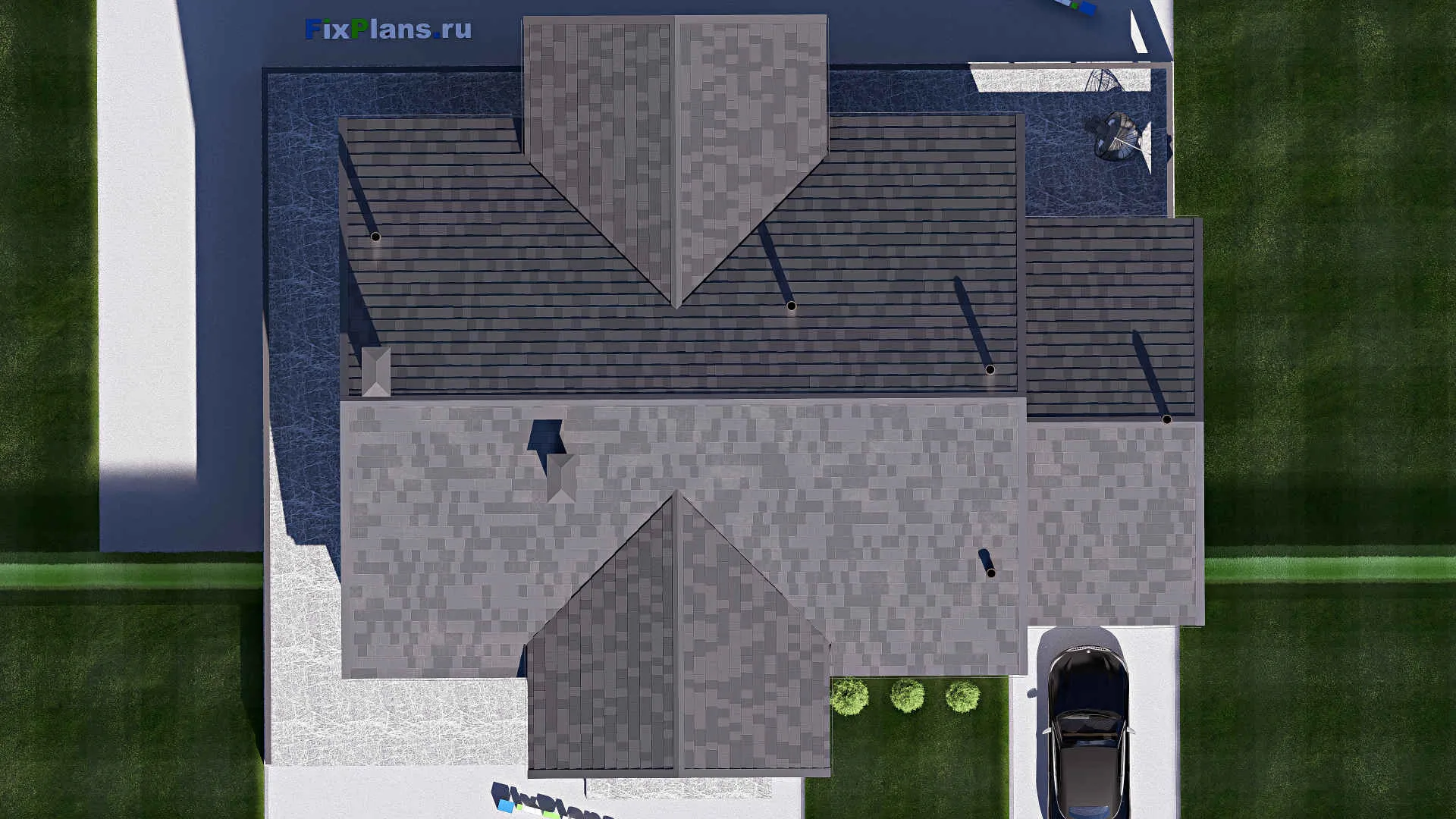 F-20627 - План одноэтажного дома 18 на 23, площадью 570 м² с террасой, цокольным этажом, гаражом на 2 машины и 3 спальнями