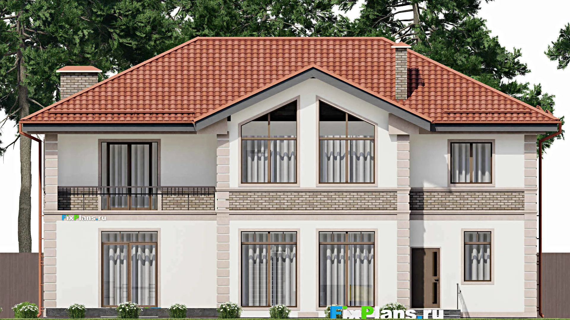 F-9701 - Проект двухэтажного дома 15 на 18, площадью 330 м² с террасой, балконом и 5 спальнями