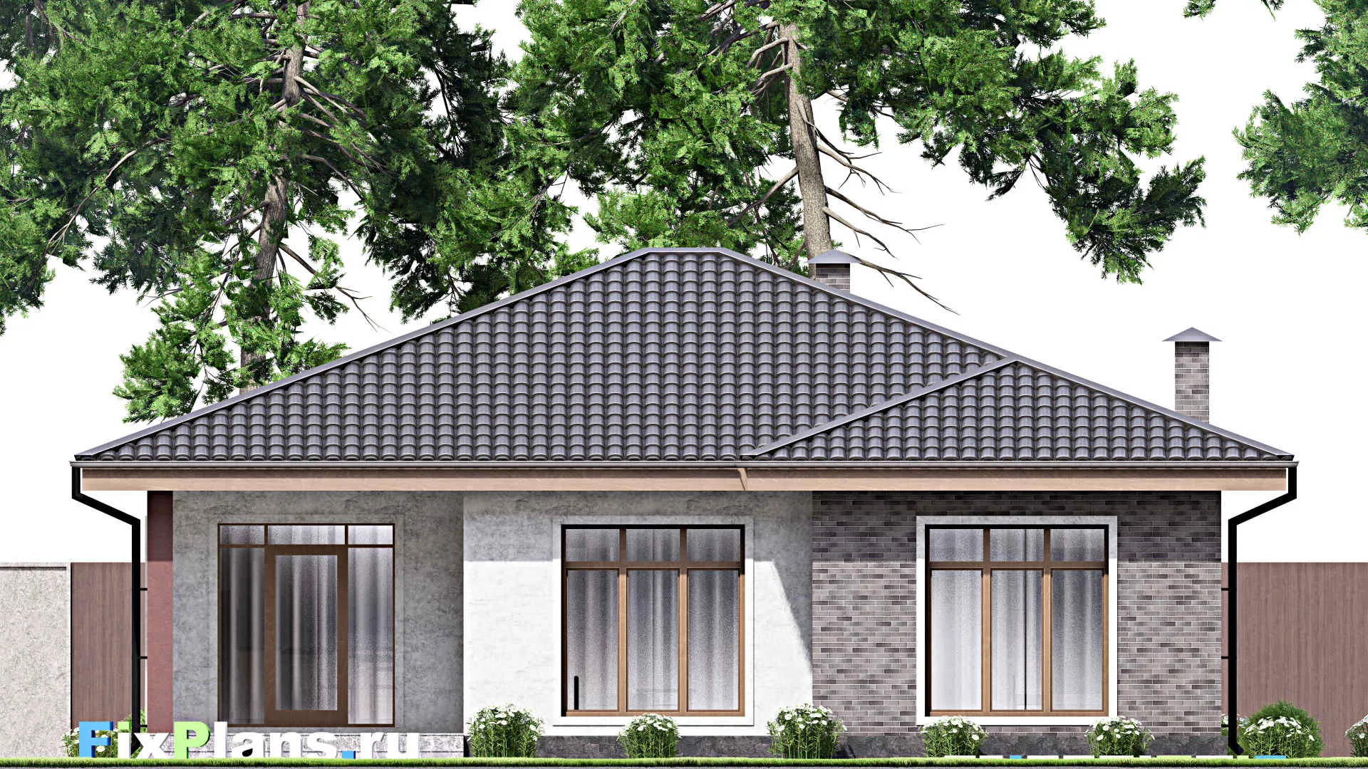 F-12536 - Проект одноэтажного дома 13 на 15, площадью 140 м² с террасой и 3 спальнями