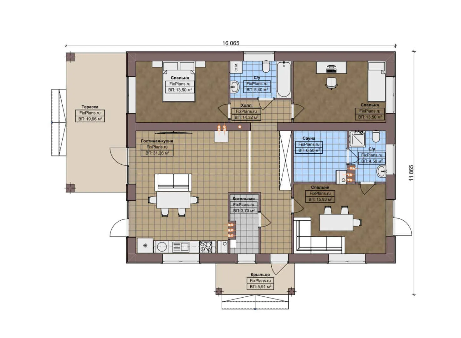 F-6938 - План одноэтажного дома 12 на 17, площадью 140 м² с террасой, баней и 3 спальнями