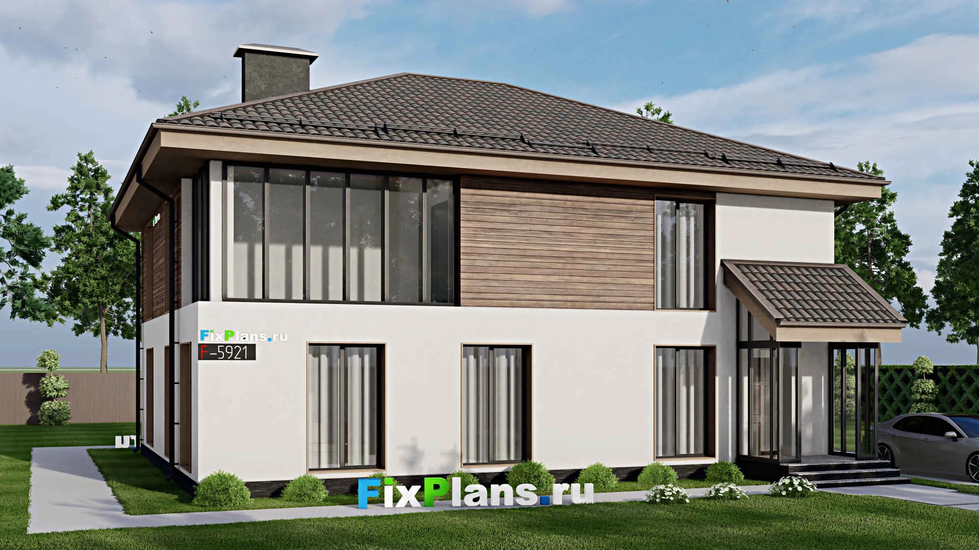 F-5921 - Проект двухэтажного дома 12 на 14, площадью 250 м² с балконом, баней и 4 спальнями