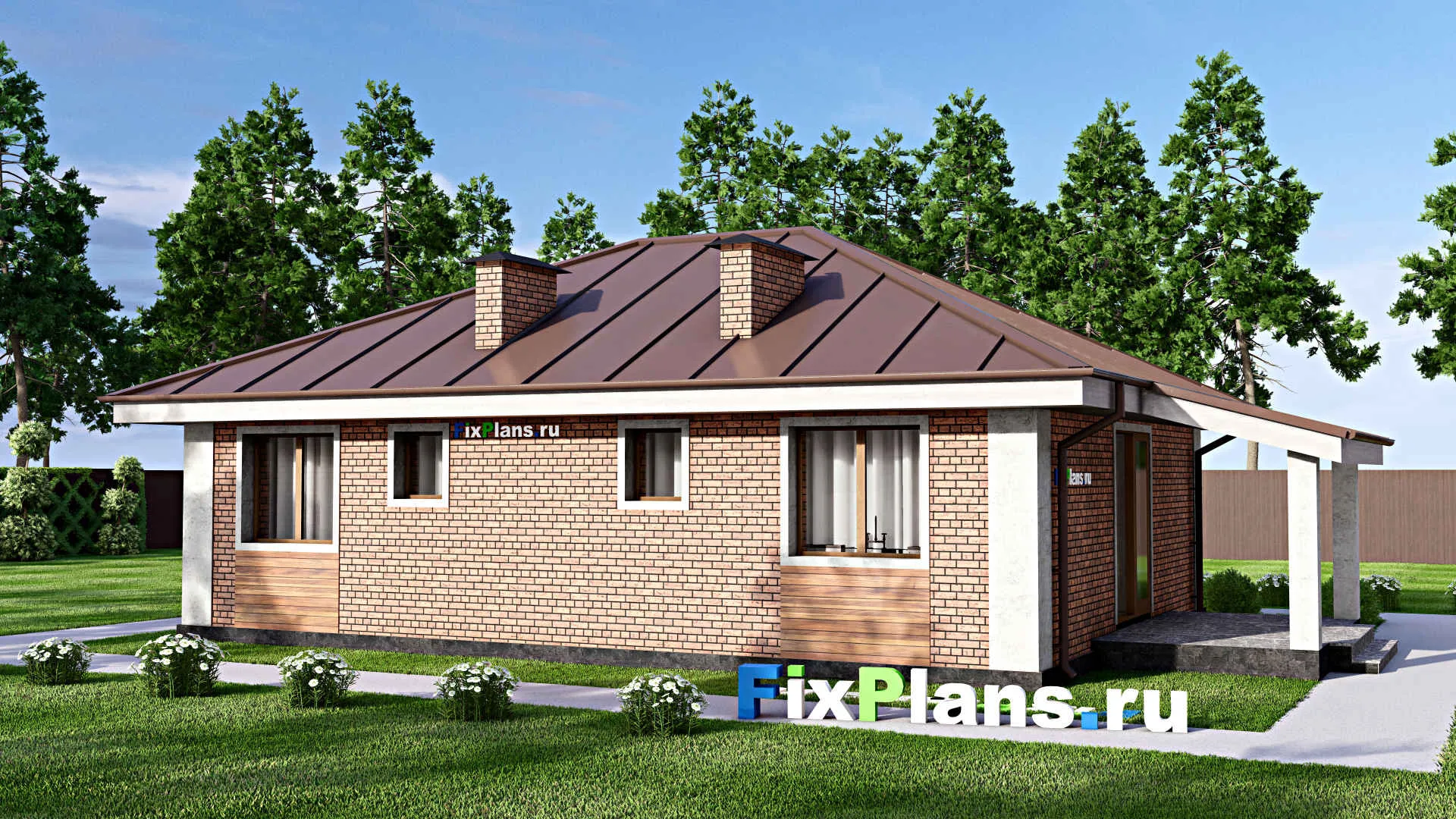 F-14075 - Проект одноэтажного дома 11 на 15, площадью 100 м² с террасой и 2 спальнями