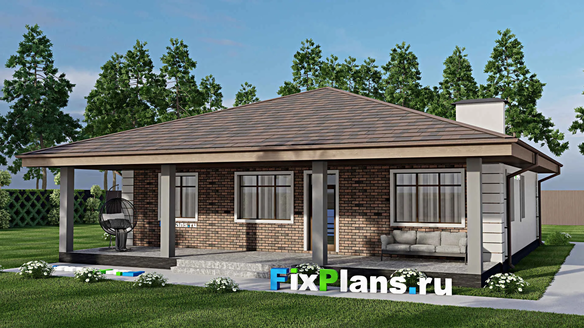 F-12140 - Проект одноэтажного дома 14 на 14, площадью 150 м² с террасой и 3 спальнями