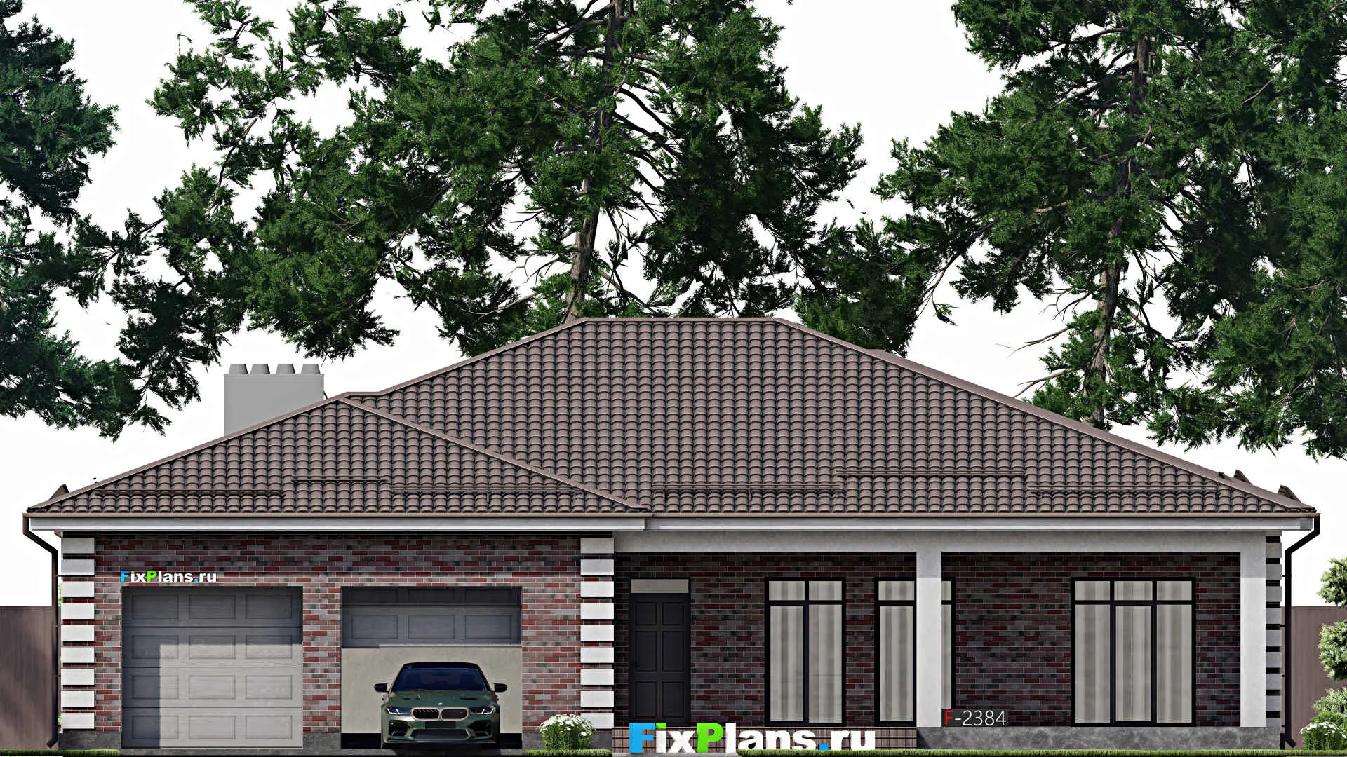 F-2384 - Проект одноэтажного дома 16 на 20, площадью 250 м² с террасой, гаражом на 2 машины и 3 спальнями