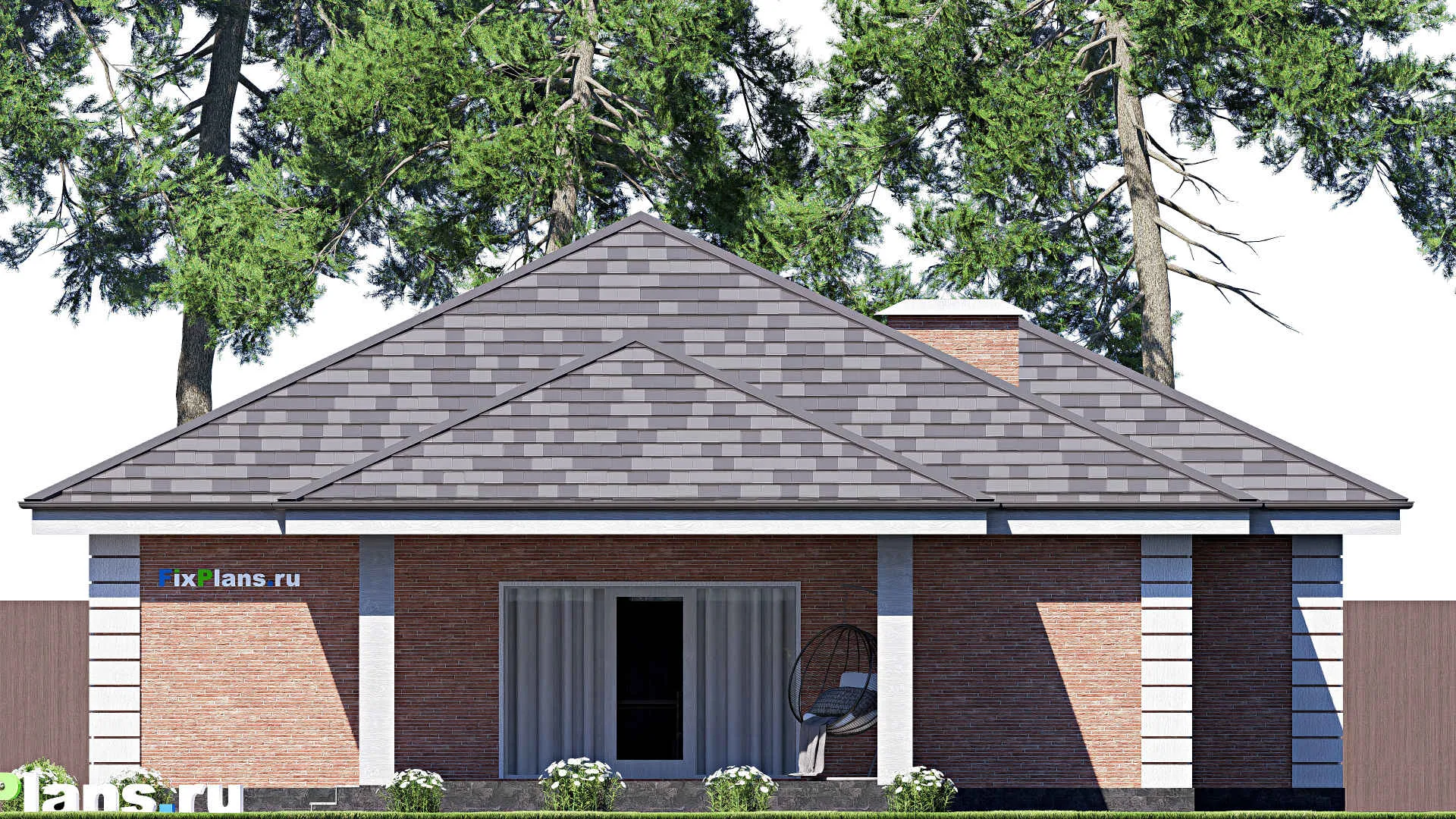 F-18728 - Проект одноэтажного дома 14 на 24, площадью 200 м² с террасой, гаражом на 2 машины и 3 спальнями