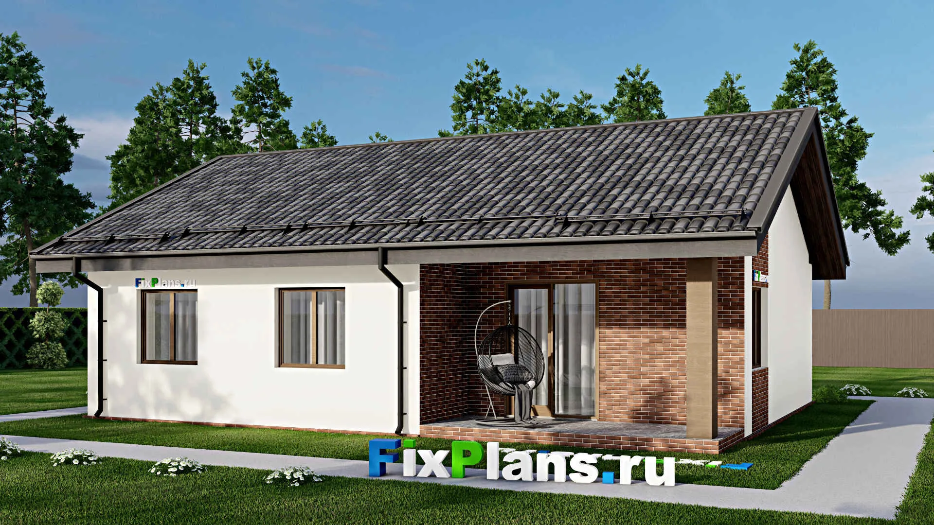 F-9215 - Проект одноэтажного дома 12 на 13, площадью 110 м² с террасой и 3 спальнями